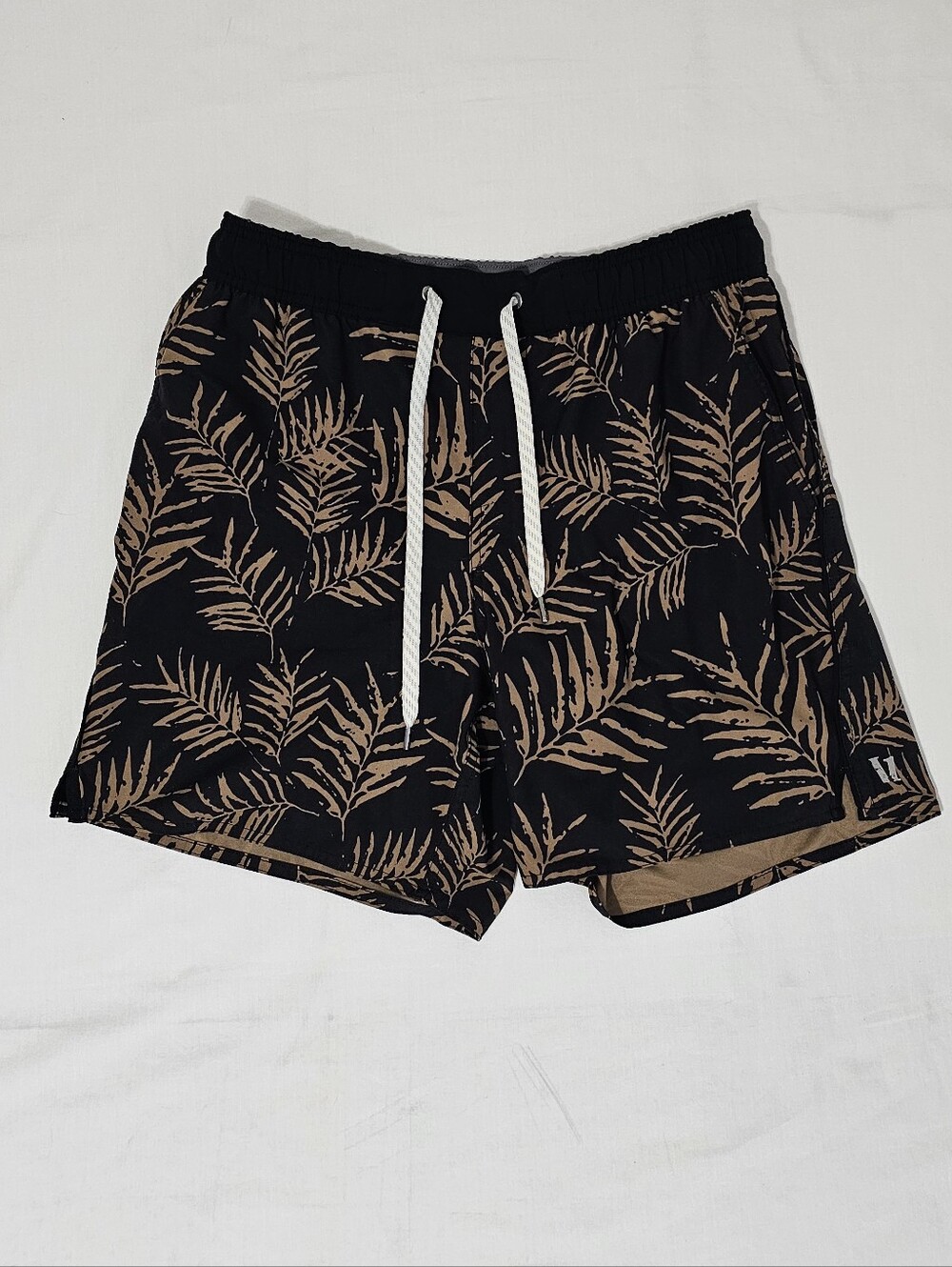 Vuori V341 Men’s Small Tropical Palm Leaf Print Swim Shorts Black Brown